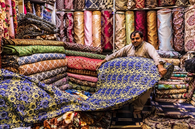 Premium fabric rolls neatly displayed